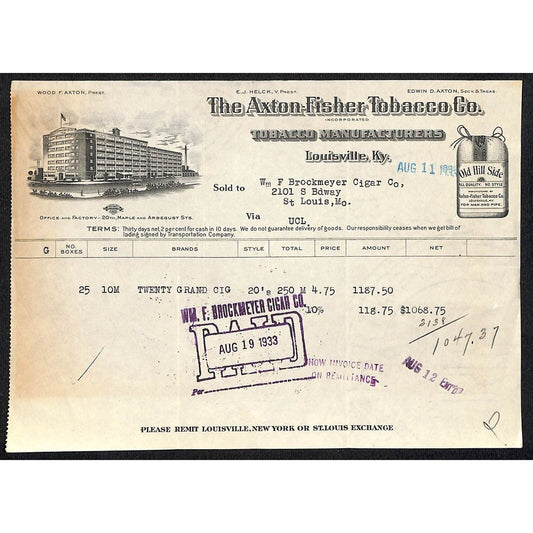 Louisville, KY The Axton-Fisher Tobacco Co. "Old Hill Side" 8/11 1933 Billhead