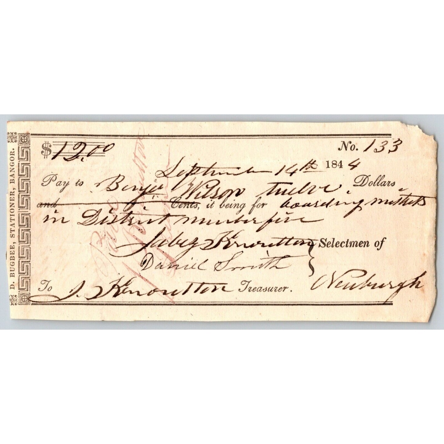 1844 Jabez Knowlton* Newburgh ME Town Check to Benjamin Wilson for Boarding