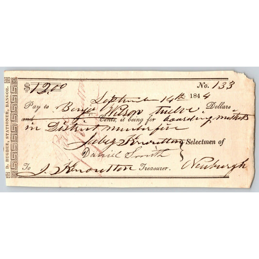 1844 Jabez Knowlton* Newburgh ME Town Check to Benjamin Wilson for Boarding