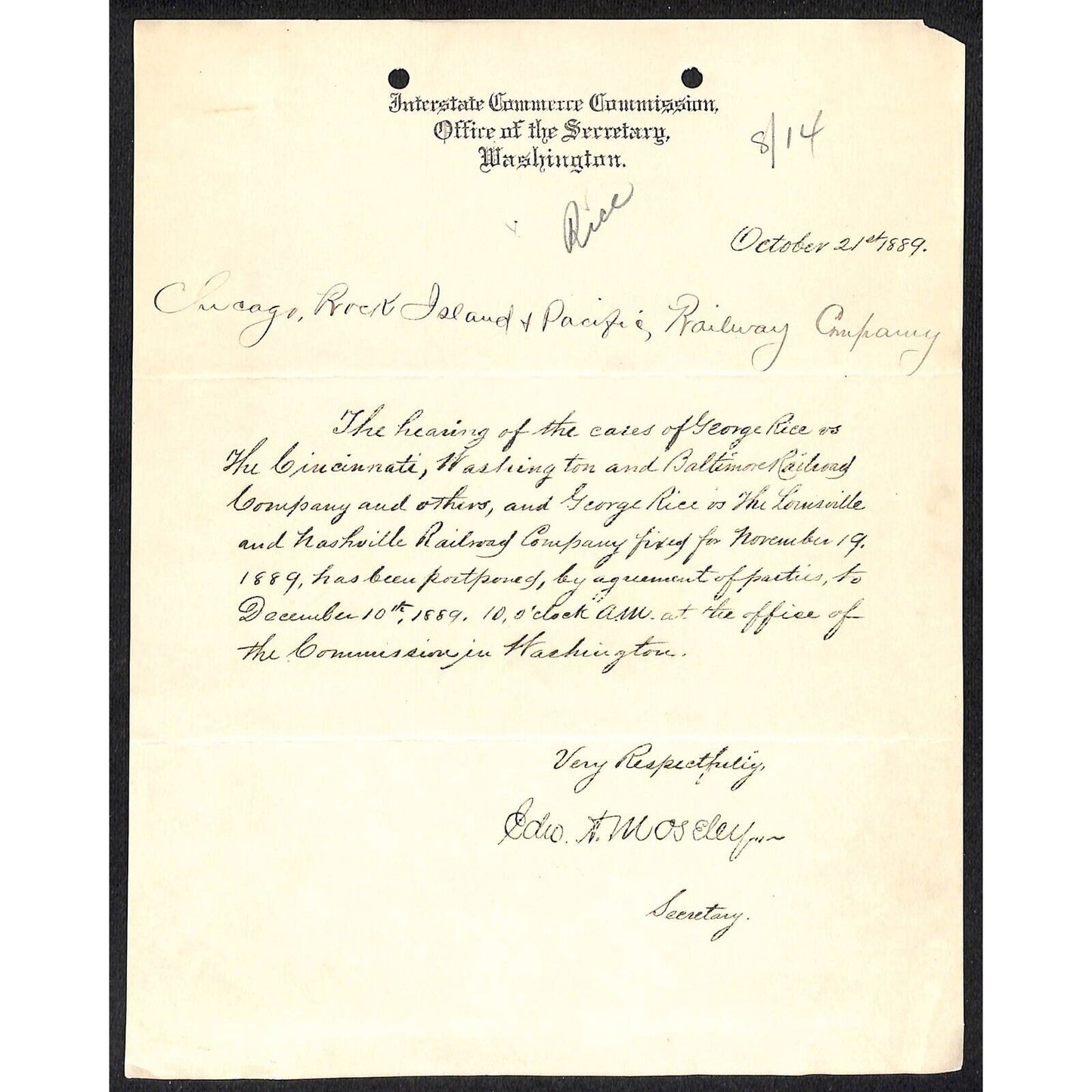 Interstate Commerce 1889 ALS Letterhead to CLI&P Ry re: George Rice Case