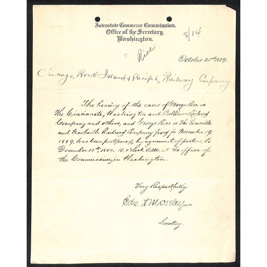 Interstate Commerce 1889 ALS Letterhead to CLI&P Ry re: George Rice Case