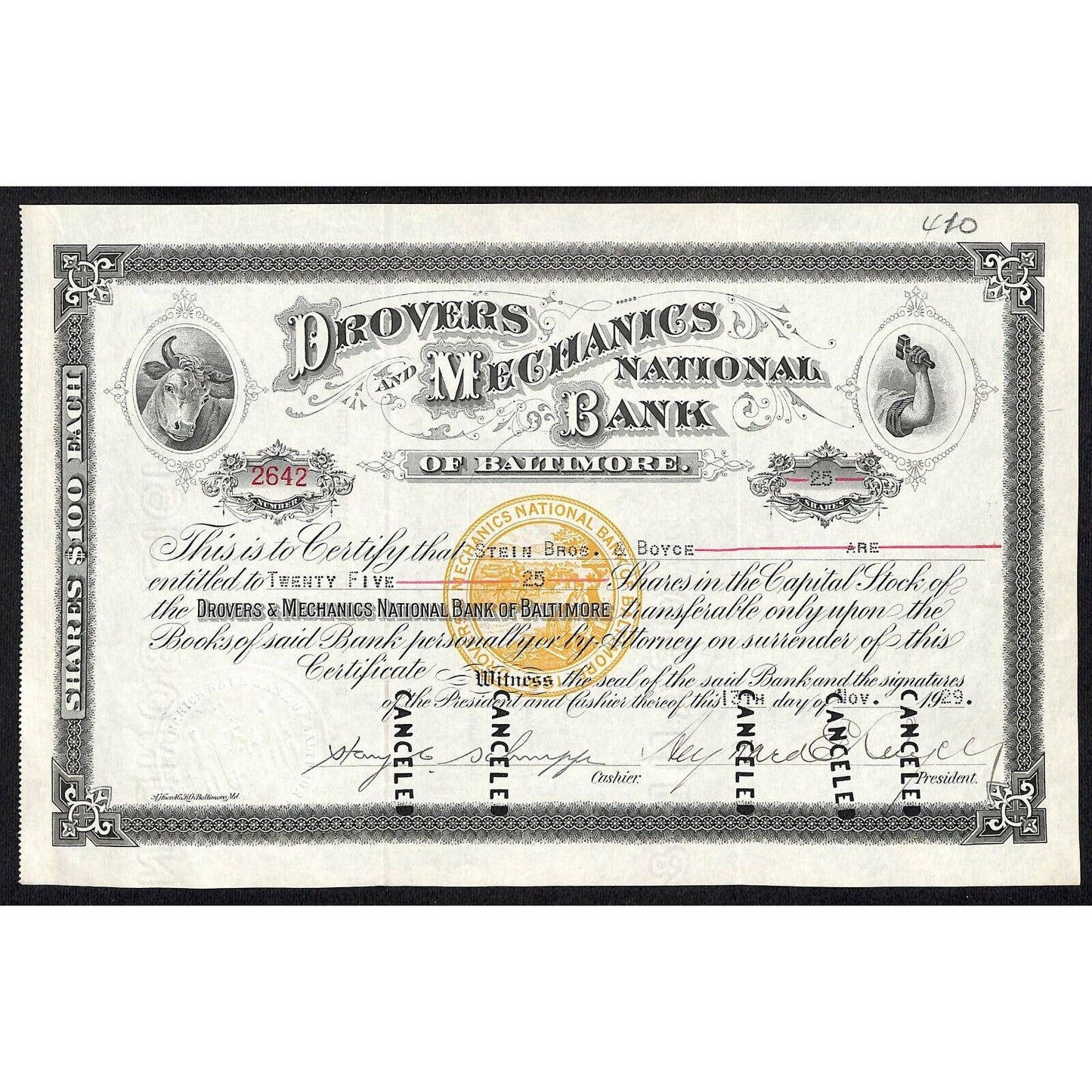 Drovers and Mechanics National Bank 1929 Stock Certificate - Stein Bros. & Boyce