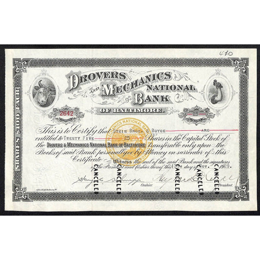 Drovers and Mechanics National Bank 1929 Stock Certificate - Stein Bros. & Boyce