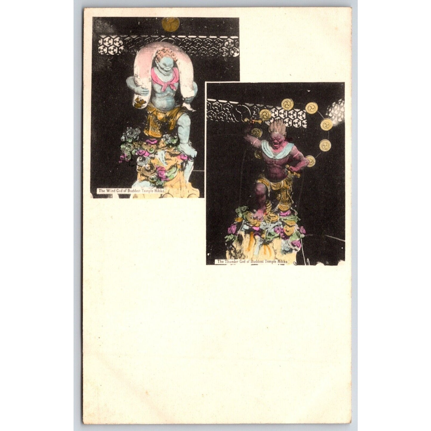 Thunder God Wind God Buddhist Temple Japanese Postcard Tinted c1901-07 VGC