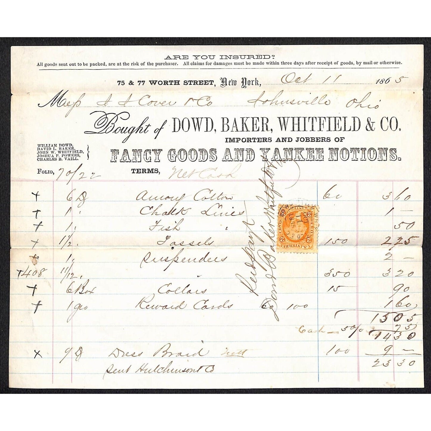 Dowd, Baker, Whitfield & Co. "Yankee Notions" NYC 1865 J.J. Cover* Billhead