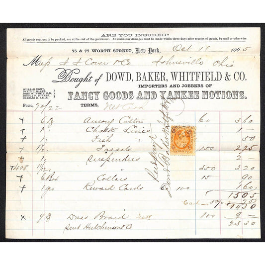Dowd, Baker, Whitfield & Co. "Yankee Notions" NYC 1865 J.J. Cover* Billhead