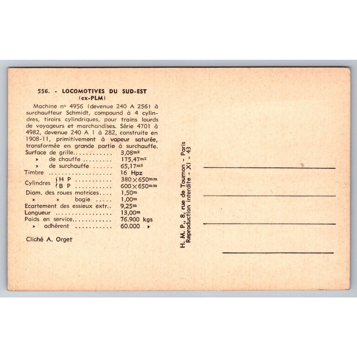 French Railroad RPPC* Postcard Machine 4956 Series 4701-4982 c1900 H.M.P.