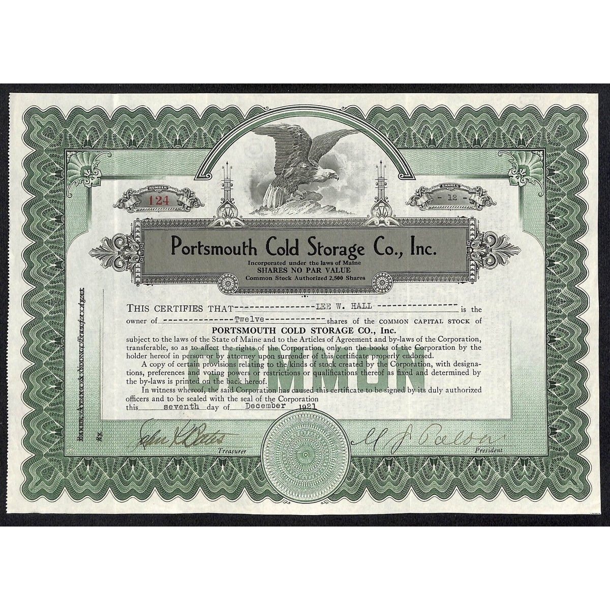 Portsmouth Cold Storage Co. Maine 1921 Stock Certificate Lee W. Hall Scarce