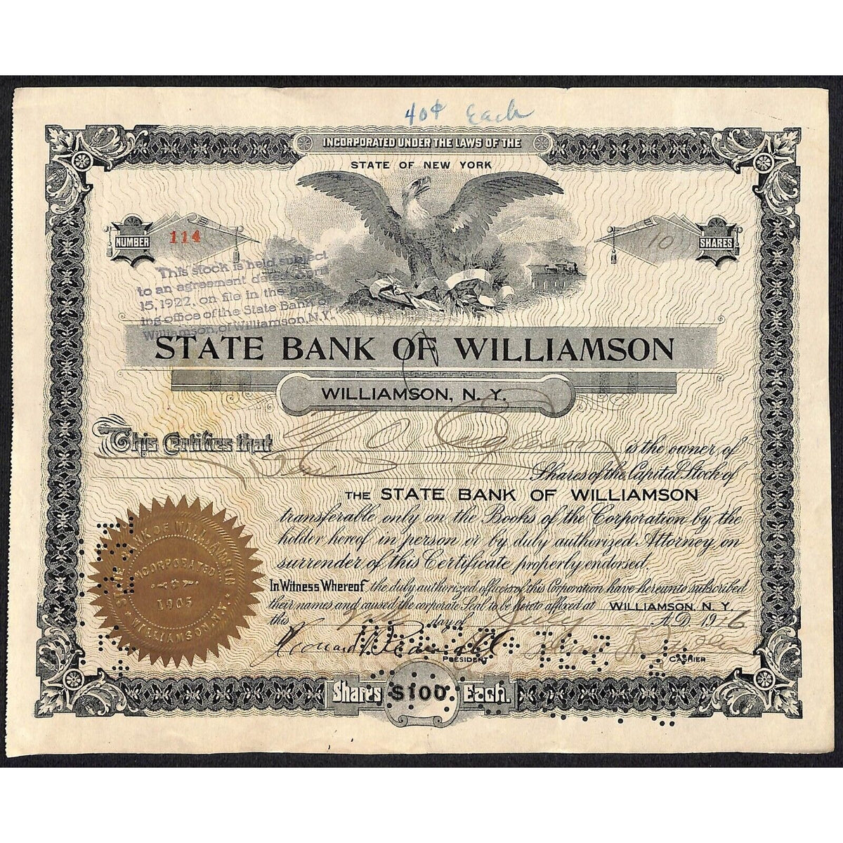 State Bank of Williamson NY 1916 Stock Certificate M.O. Engleson ? Scarce