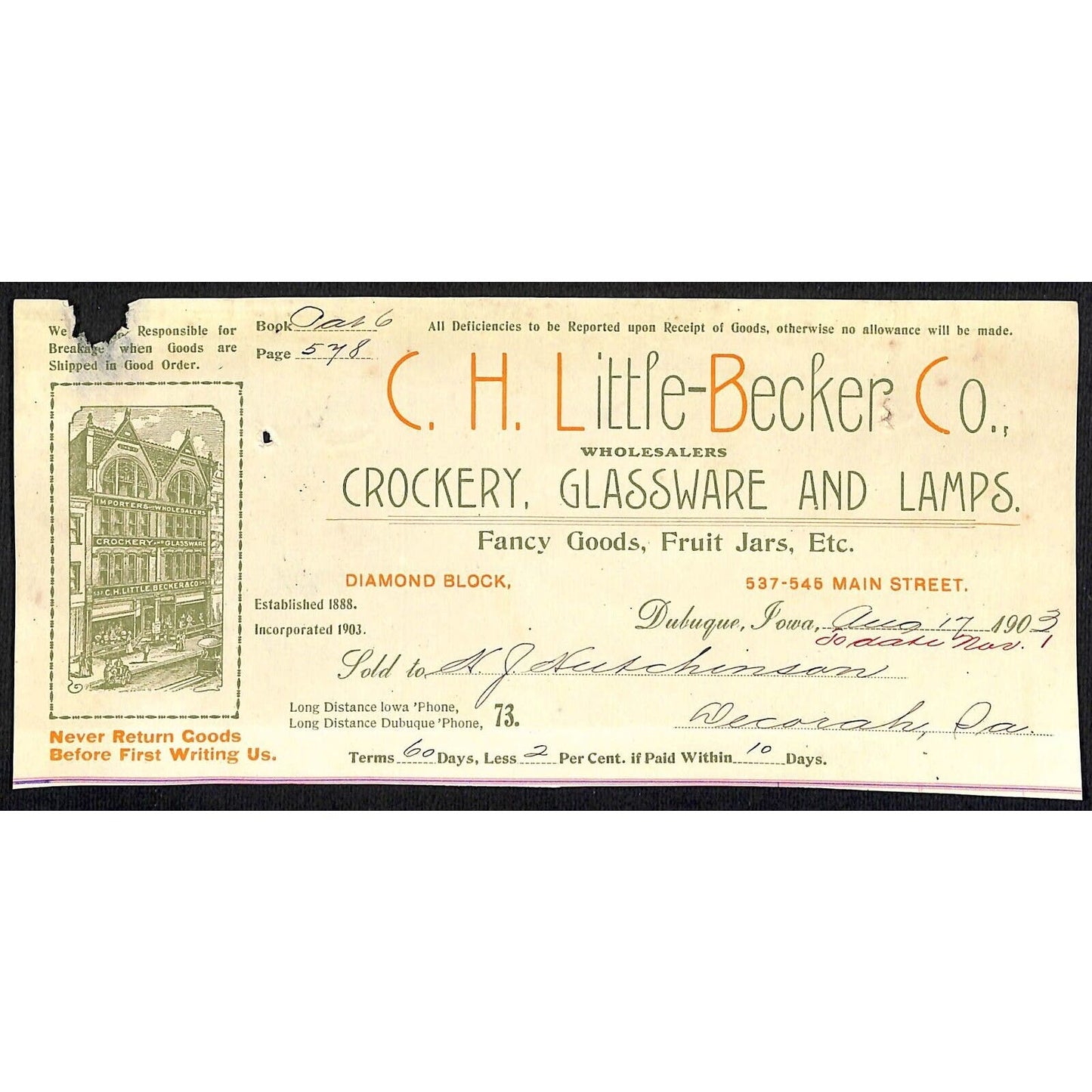 C.H. Little-Becker Co. Dubuque HJ Hutchinson Decorah, IA* Cut 1903 Billhead