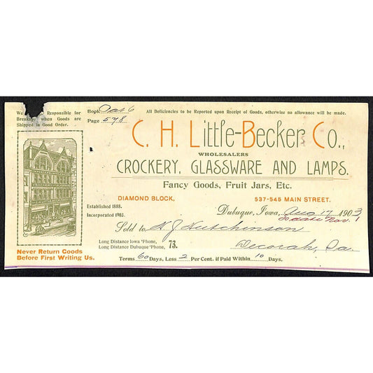 C.H. Little-Becker Co. Dubuque HJ Hutchinson Decorah, IA* Cut 1903 Billhead