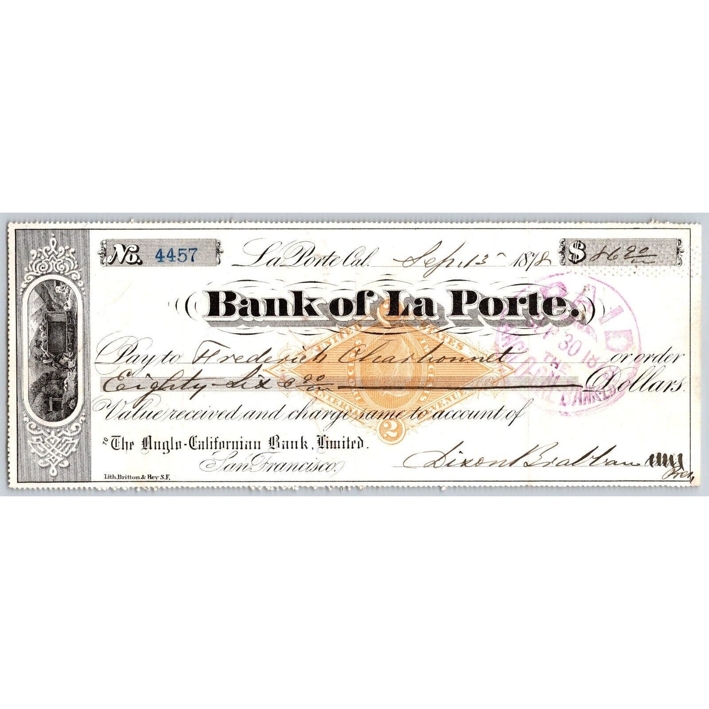 Bank of La Porte Check Frederick Charbonnat 1878 Mining Vignette RN-G1 Rev #4457