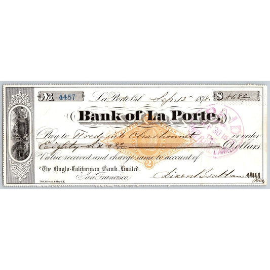 Bank of La Porte Check Frederick Charbonnat 1878 Mining Vignette RN-G1 Rev #4457
