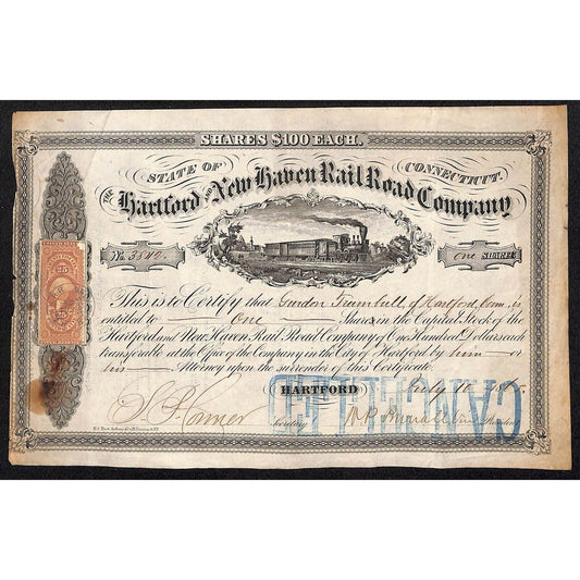 Hartford and New Haven RR 1865 Stock Certificate to: "Gordon Trumbull" Hartford