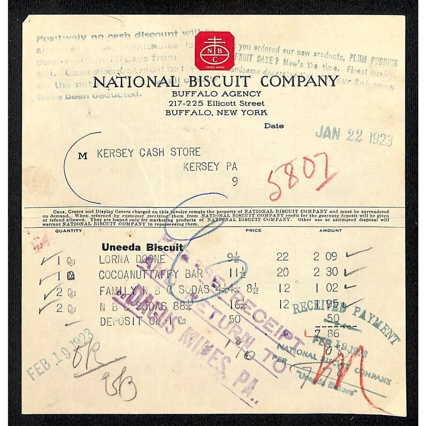 National Biscuit Company Nabisco Uneeda Buffalo, NY 1923 Billhead