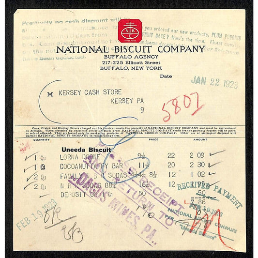 National Biscuit Company Nabisco Uneeda Buffalo, NY 1923 Billhead