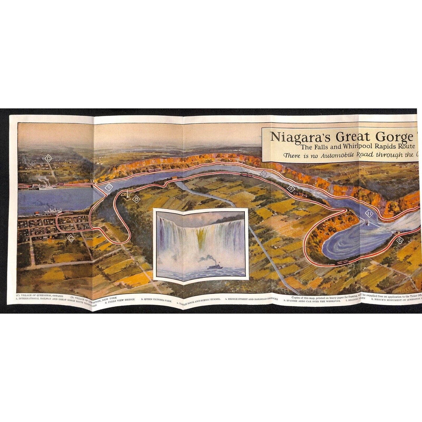 "Niagara's Great Gorge Trip" 1928 The Falls & Whirlpool Rapids "No Autos" Map