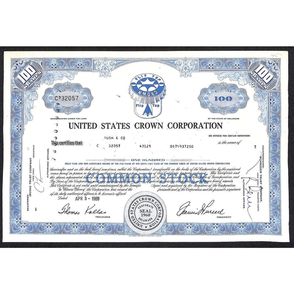 United States Crown Corp* NJ Soda "Crown Flip Top" 1969 Stock Certificate #32057