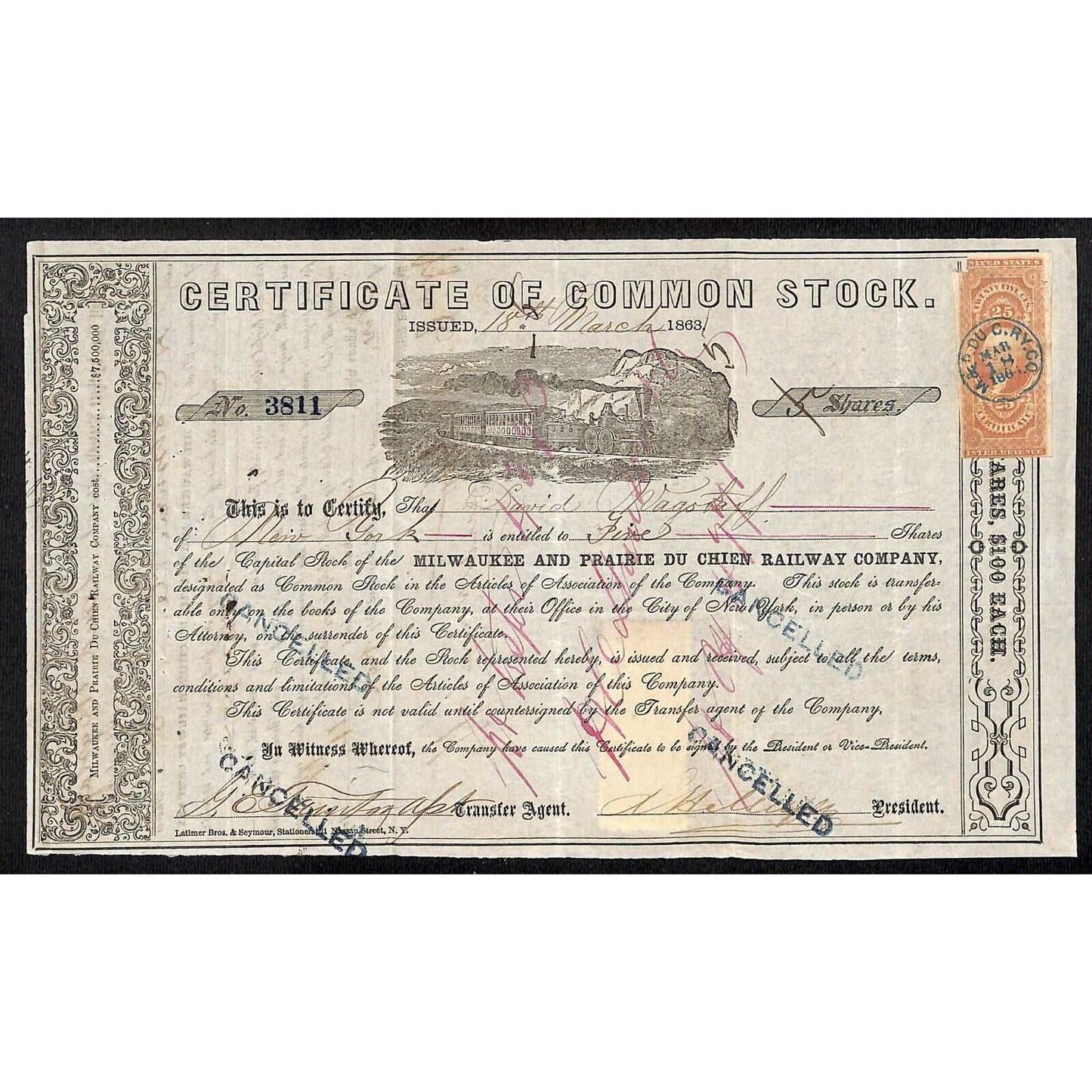 Milwaukee and Prairie Du Chien Railway 1863 Stock Certificate w/ Cert Tax Stamps