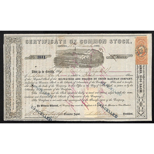 Milwaukee and Prairie Du Chien Railway 1863 Stock Certificate w/ Cert Tax Stamps