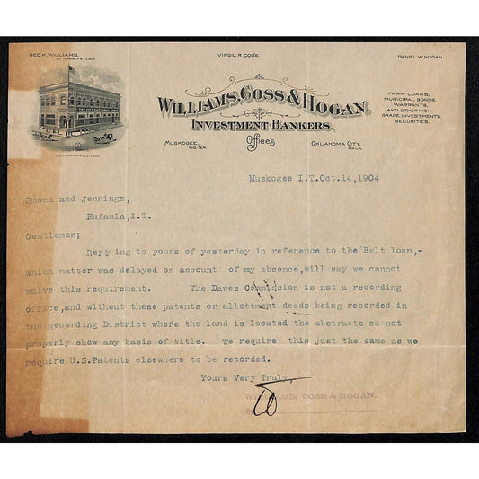 1904 Williams, Coss & Hogan Investment Bankers Oklahoma City I.T. Letterhead