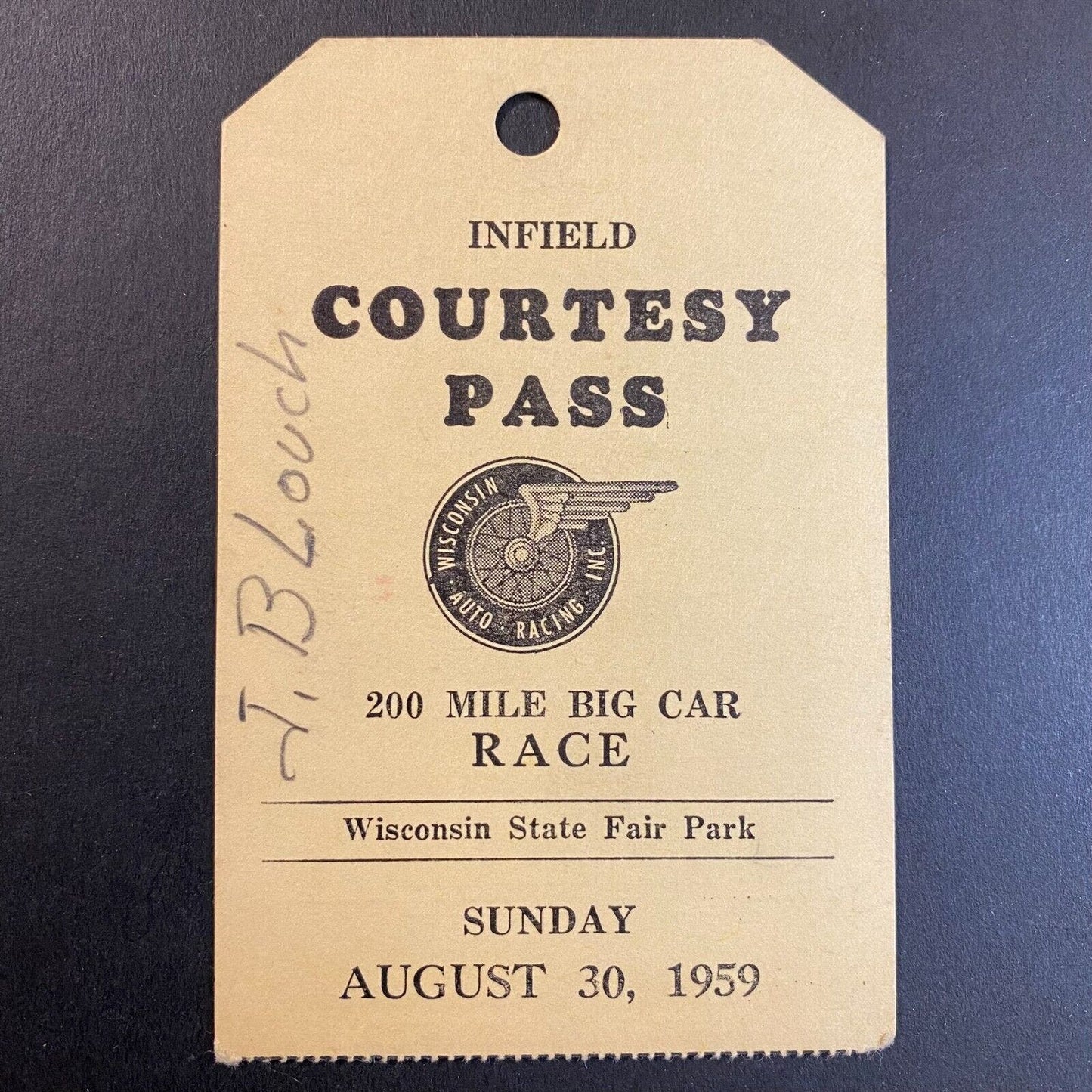 1959 Wisconsin Auto Racing State Fair Park 200-Mile Big Car Courtesy Pass
