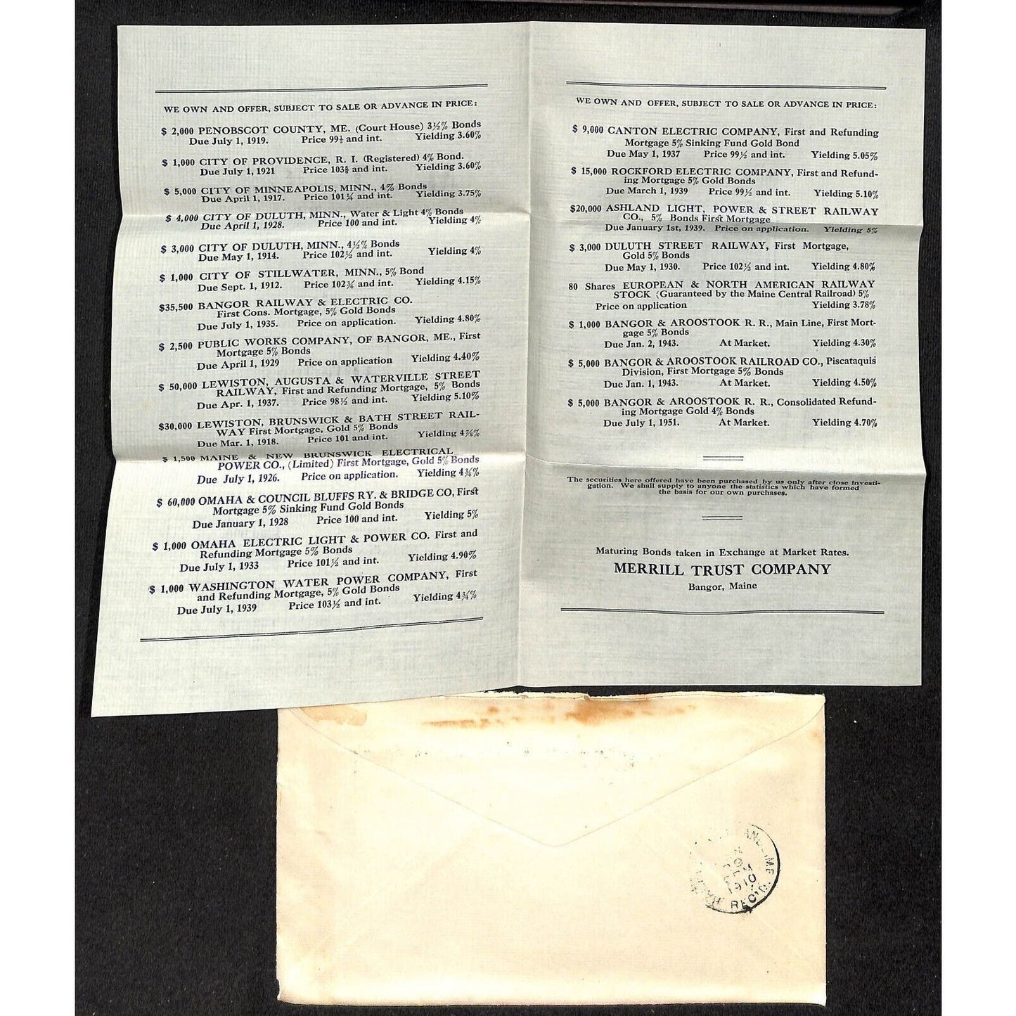 Bangor, ME Merrill Trust Co. 1910 Offering of Bonds Sheet & Cover Knowlton*