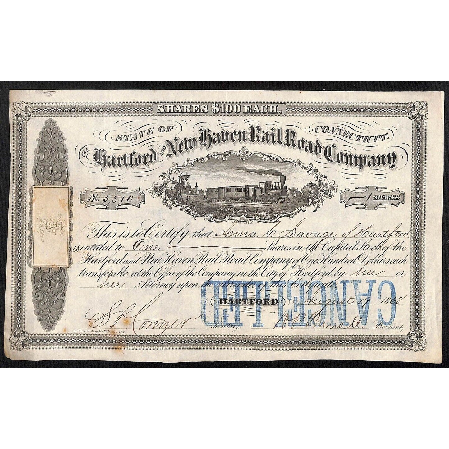 Hartford and New Haven Railroad 1868 Stock Certificate #5510 Anna C. Savage VGC