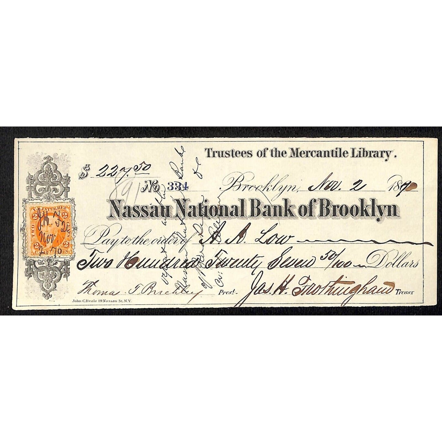 Nassau National Bank of Brooklyn 1870's $227 Bank Check A.A. Low w/ Tax Stamp