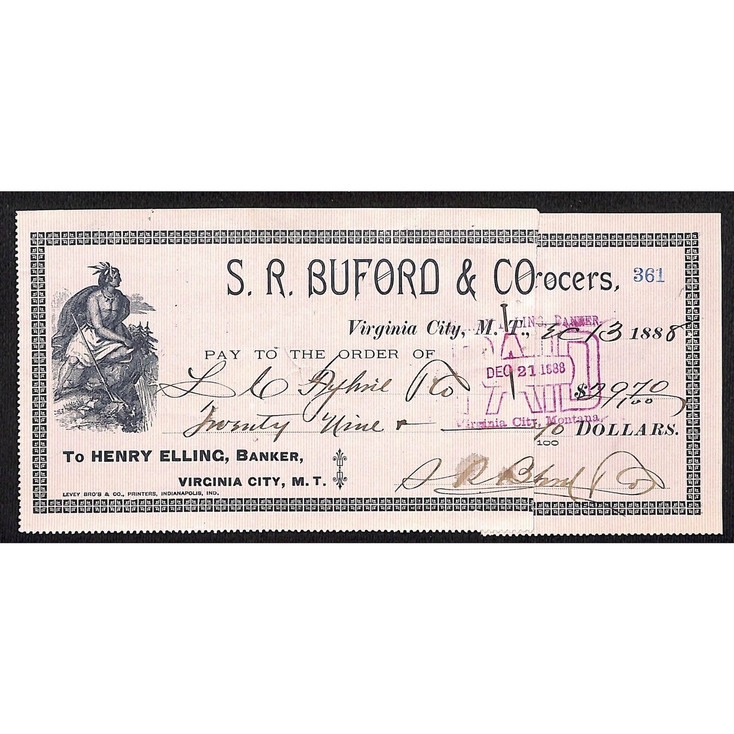 1888 Henry Elling Virginia City Montana Territory S.R. Buford Grocers Check #361