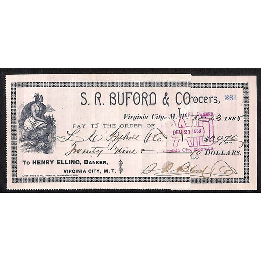 1888 Henry Elling Virginia City Montana Territory S.R. Buford Grocers Check #361