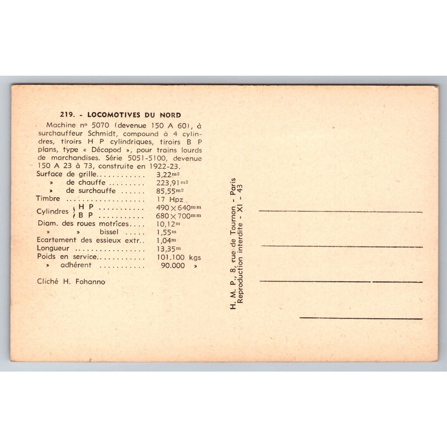 French Railroad RPPC* Postcard Machine 5070 Series 5051-5100 c1922-1923 H.M.P.