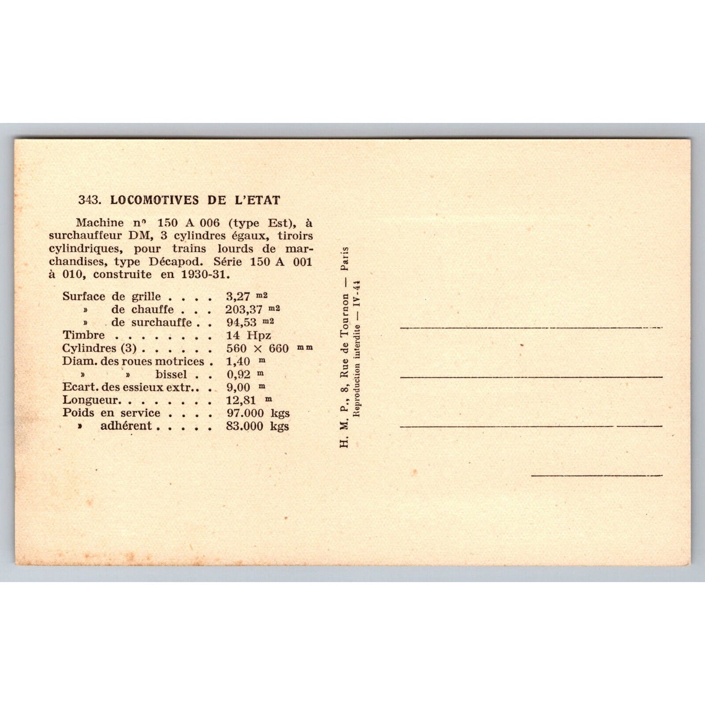 French Railroad RPPC* Postcard Machine 150 A006 Series 150 A001-010 c1930 H.M.P.