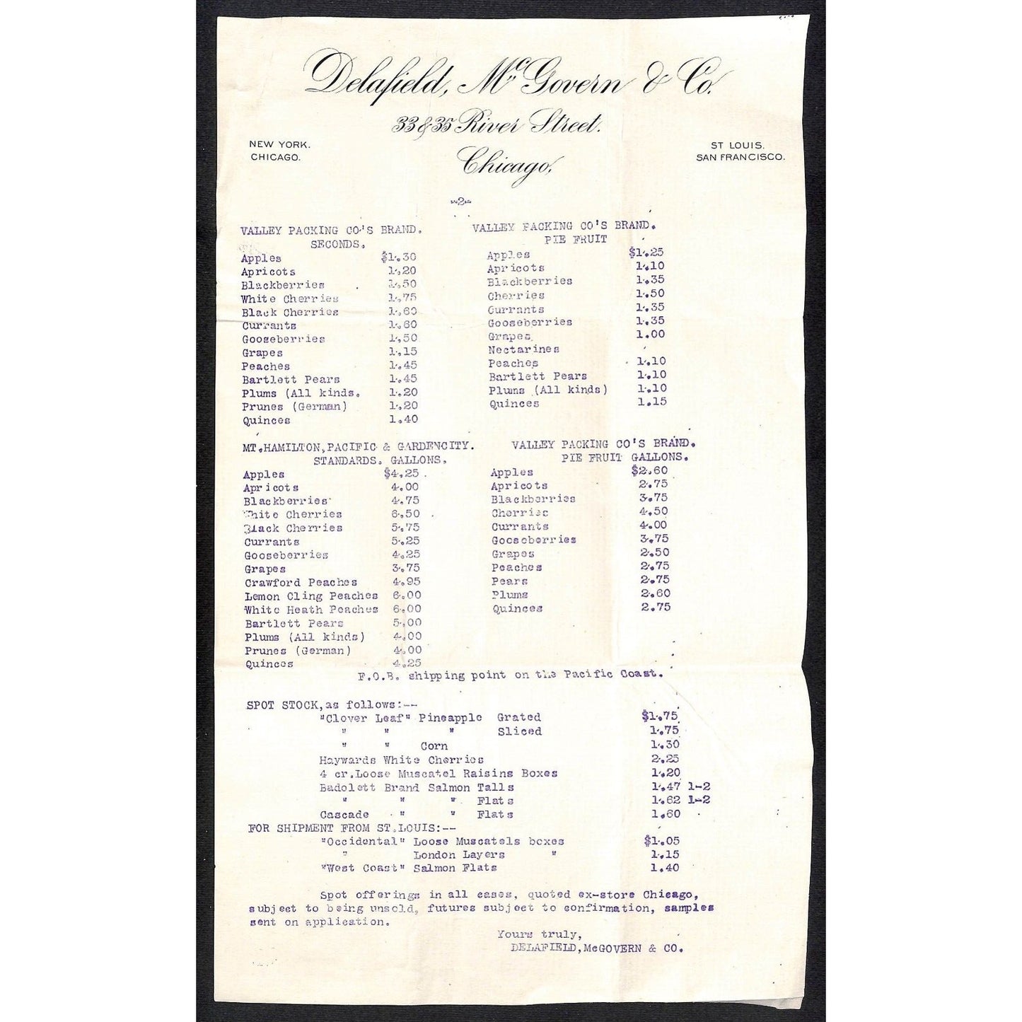 Delafield, McGovern & Co 1886 2pp Letterhead Fruit Packing Price List VGC Scarce