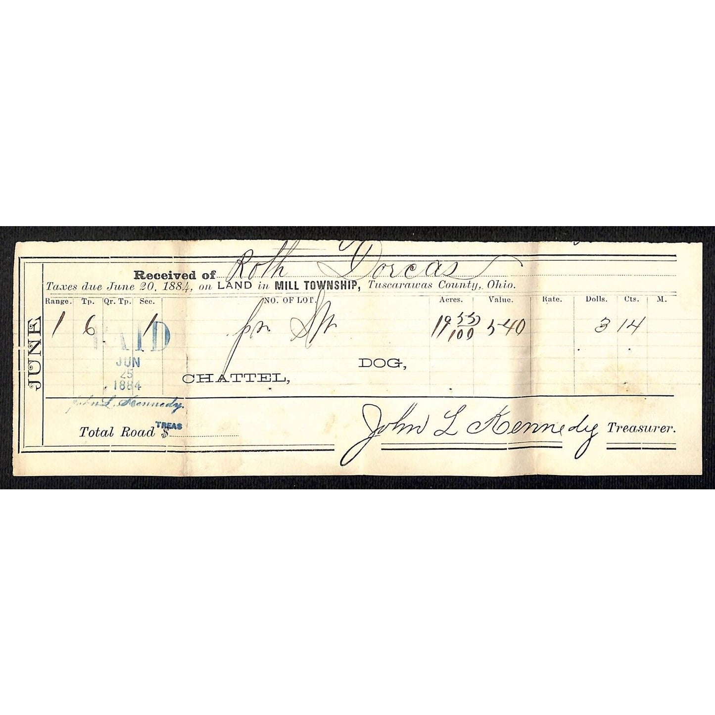 Dorcas Roth Mill Township, OH 1884 Property Tax Receipt