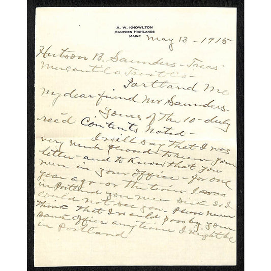 Hampton Highlands A.W. Knowlton* Letter H.B. Saunders Mercantile Trust Portland