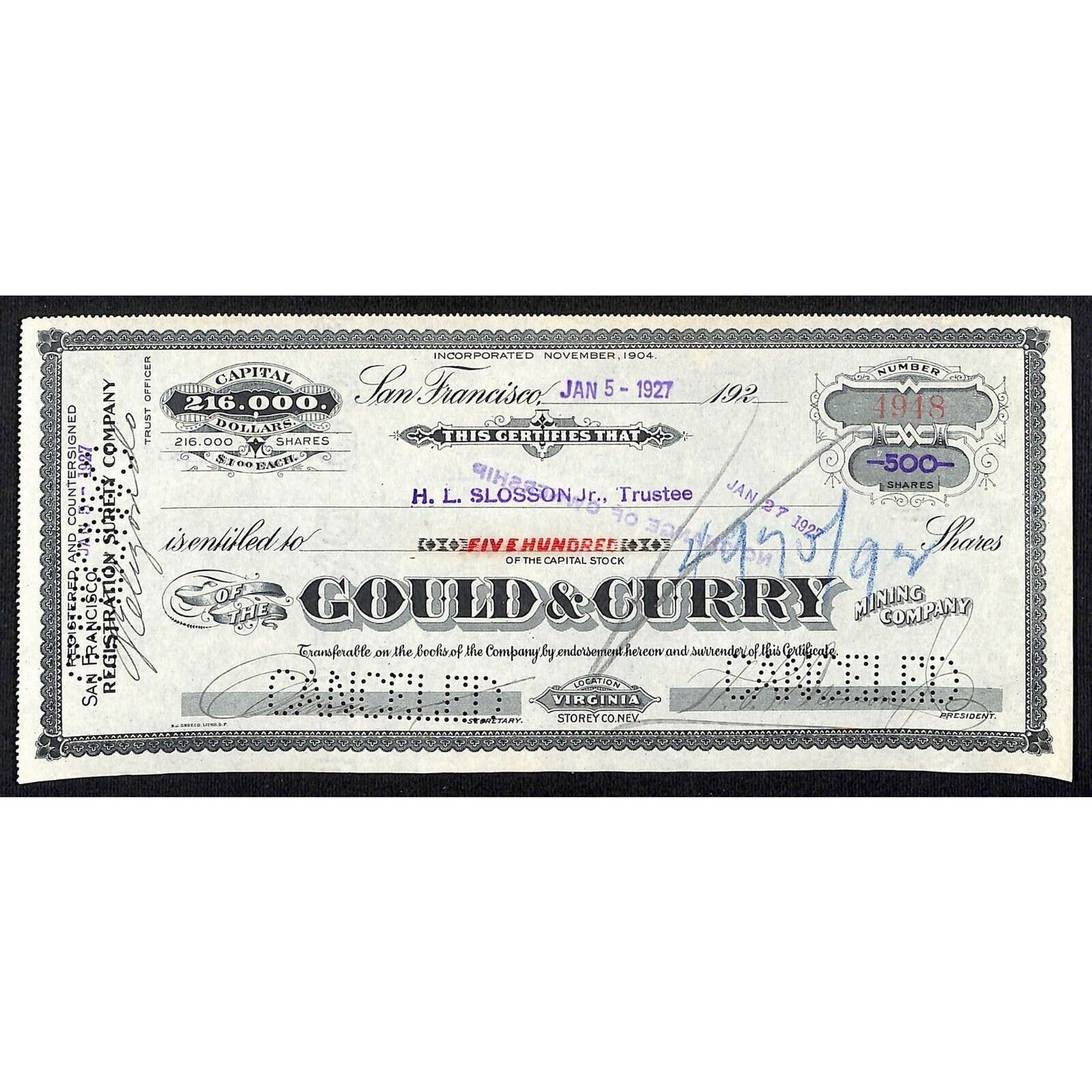 Gould & Curry Mining Company San Francisco 1927 Stock Certificate #4948 VGC
