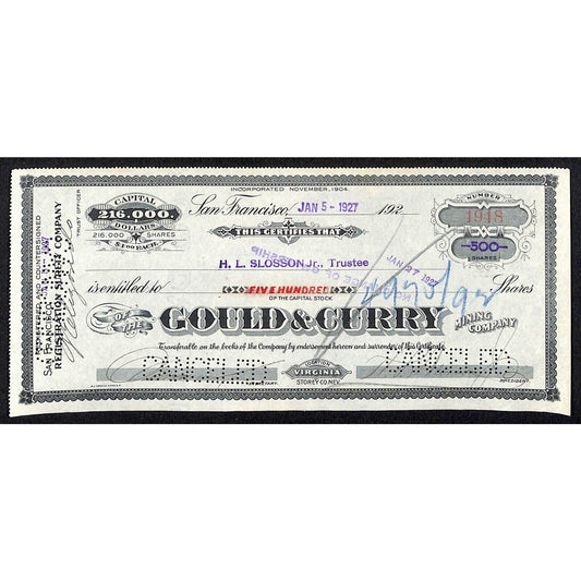Gould & Curry Mining Company San Francisco 1927 Stock Certificate #4948 VGC