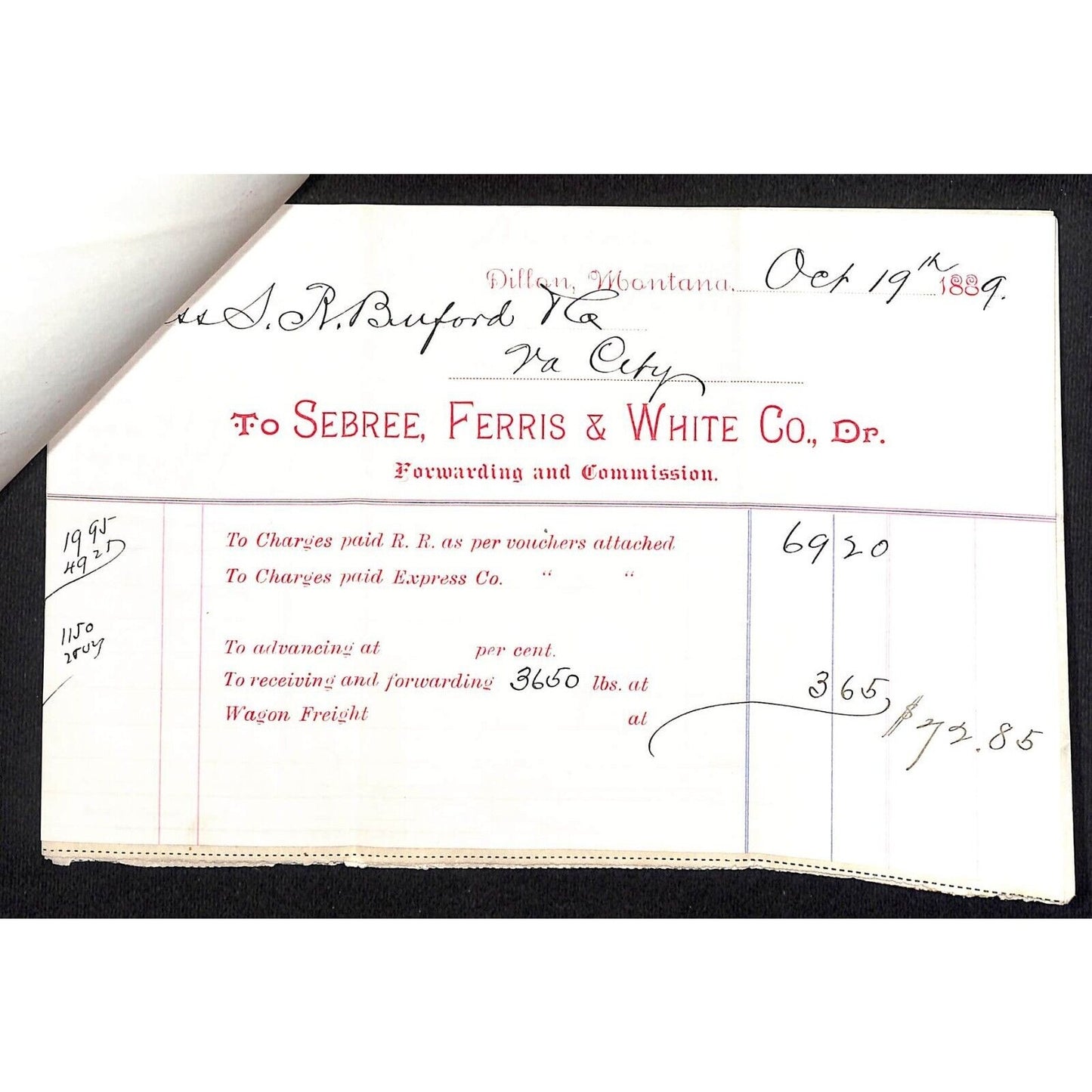 Dillon, MT Sebree, Ferris & White Buford* 5 pcs. 1889 Waybill, Receipt + R.R.