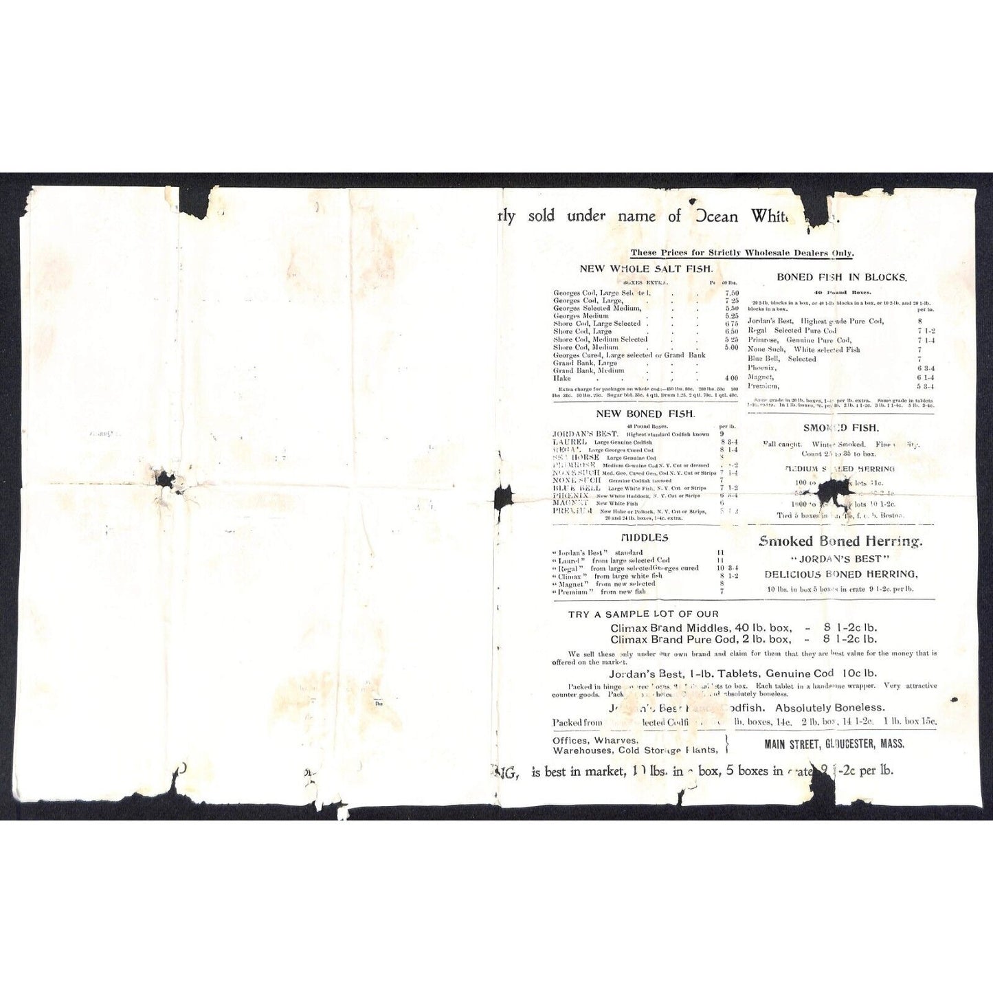 William H. Jordan & Co. 1905 Salt Water Fish Price List Sheet - Very Damaged