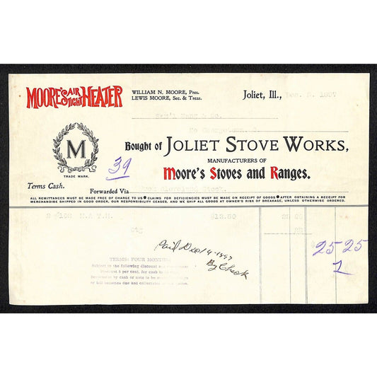 Joliet Stove Works Moore's Heater 1897 Billhead Samuel Wang* N. Georgetown, OH