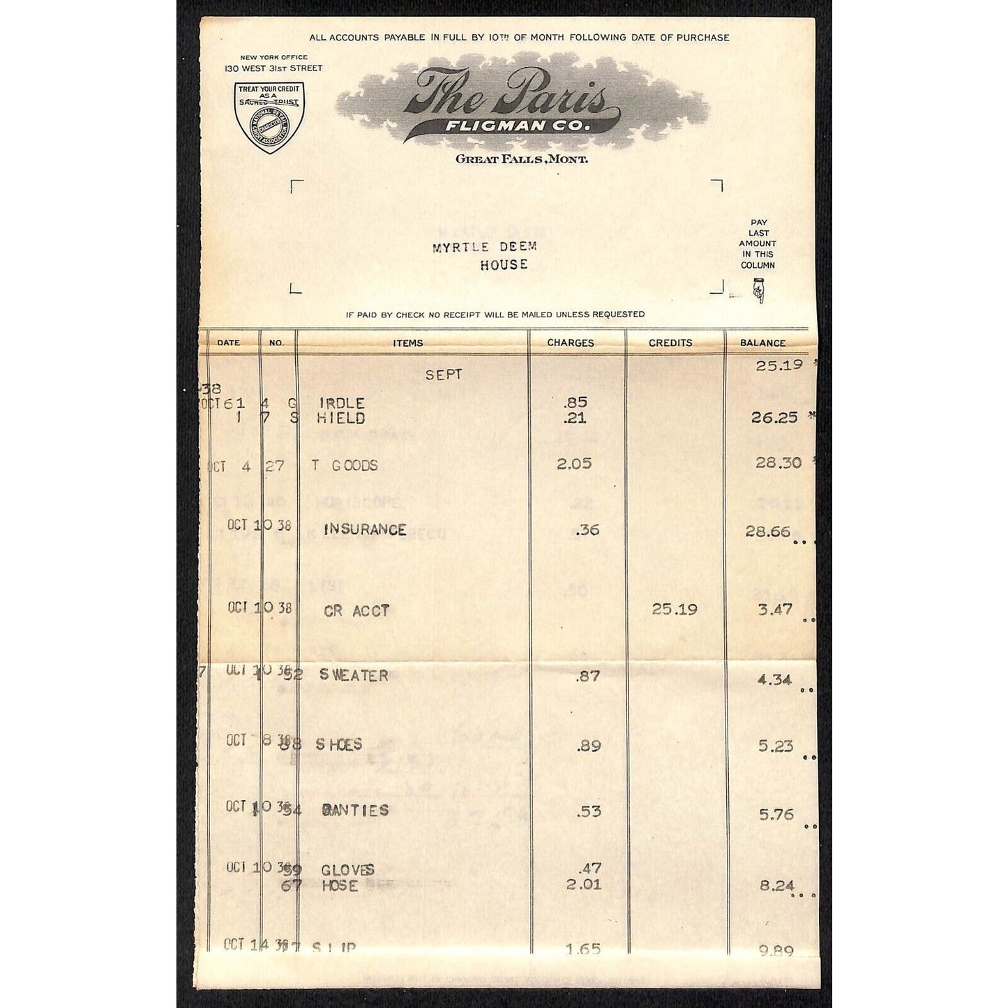 Great Falls, MT The Paris Fligman Co. Sept. 1938 2pp. Statement