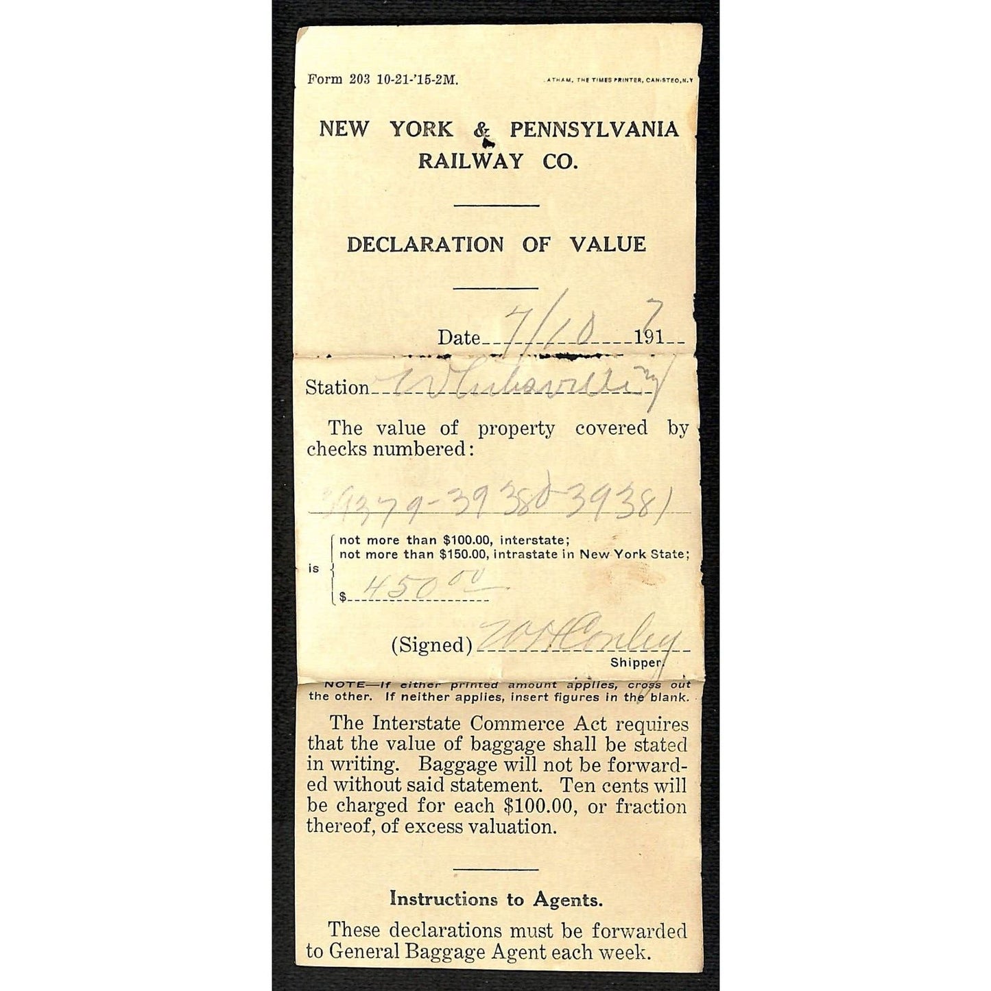 New York & Pennsylvania Railroad NYP July 10 1917 Declaration of Value Form