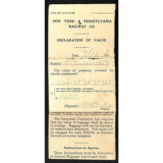New York & Pennsylvania Railroad NYP July 10 1917 Declaration of Value Form