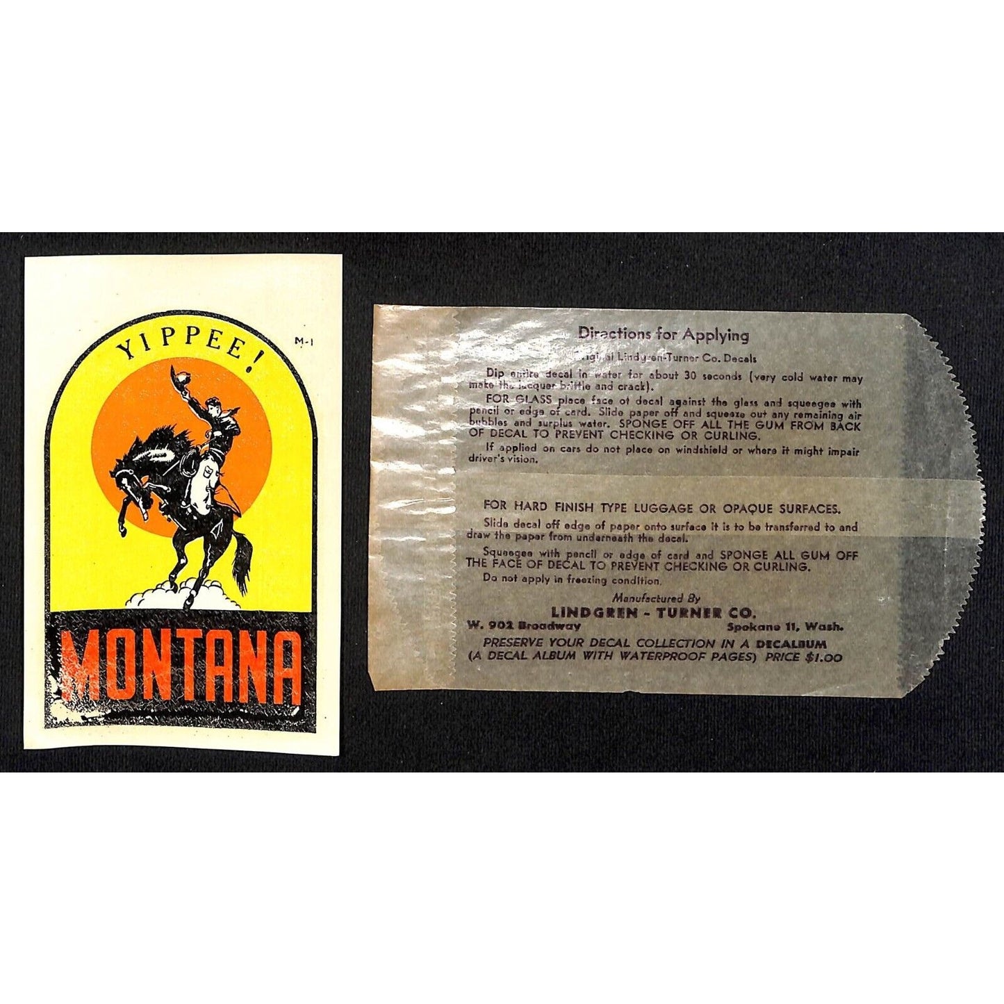 Montana Yippee! Cowboy Water Transfer Decal Travel Souvenir w/ Sleeve c1950's