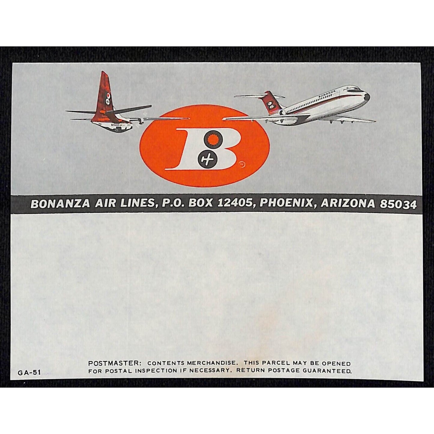 Bonanza Air Lines USPS Shipping Label Ungummed 3 7/8" x 5" c1966 VGC