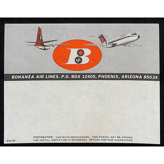 Bonanza Air Lines USPS Shipping Label Ungummed 3 7/8" x 5" c1966 VGC
