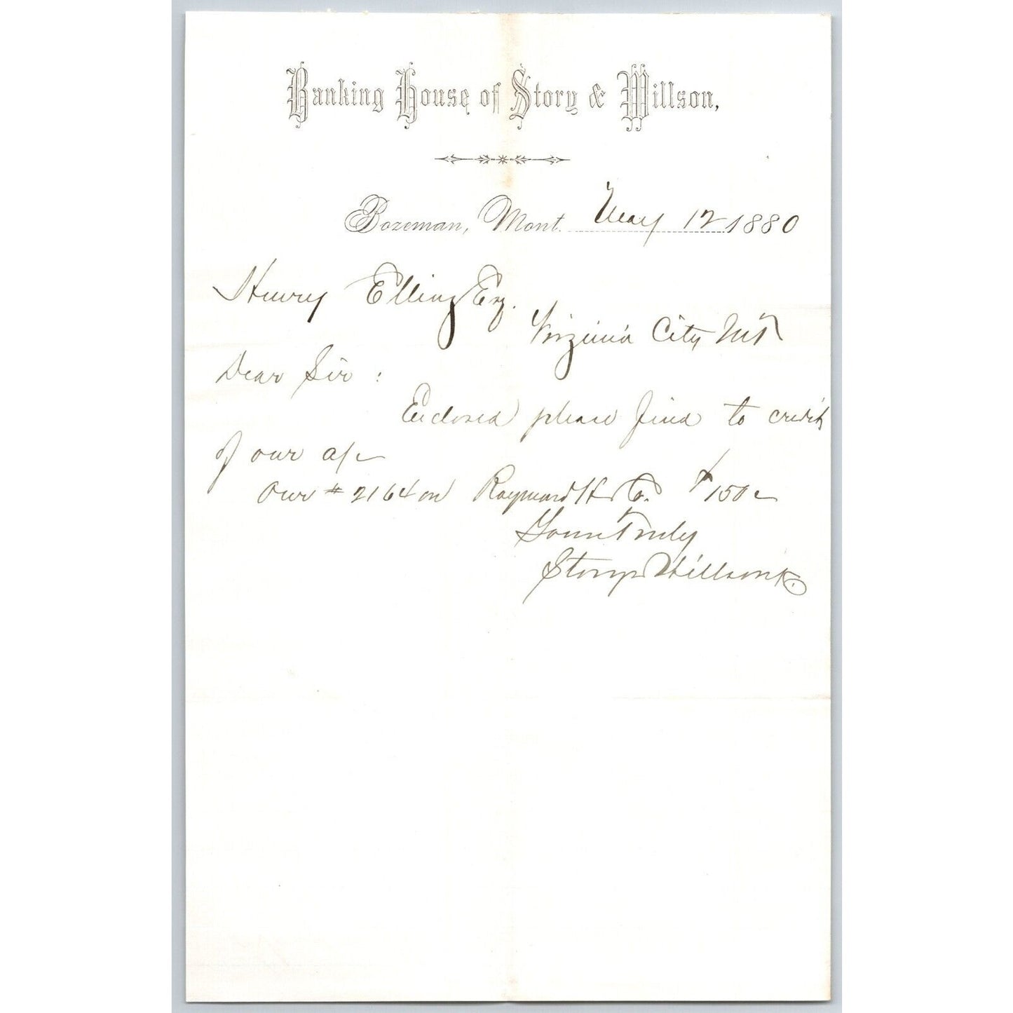 Banking House of Story & Nelson Bozeman, MT 5/12 1880 Letterhead Henry Elling*