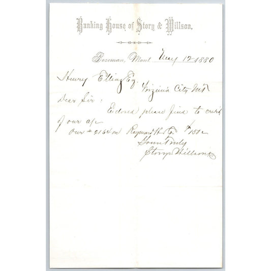 Banking House of Story & Nelson Bozeman, MT 5/12 1880 Letterhead Henry Elling*