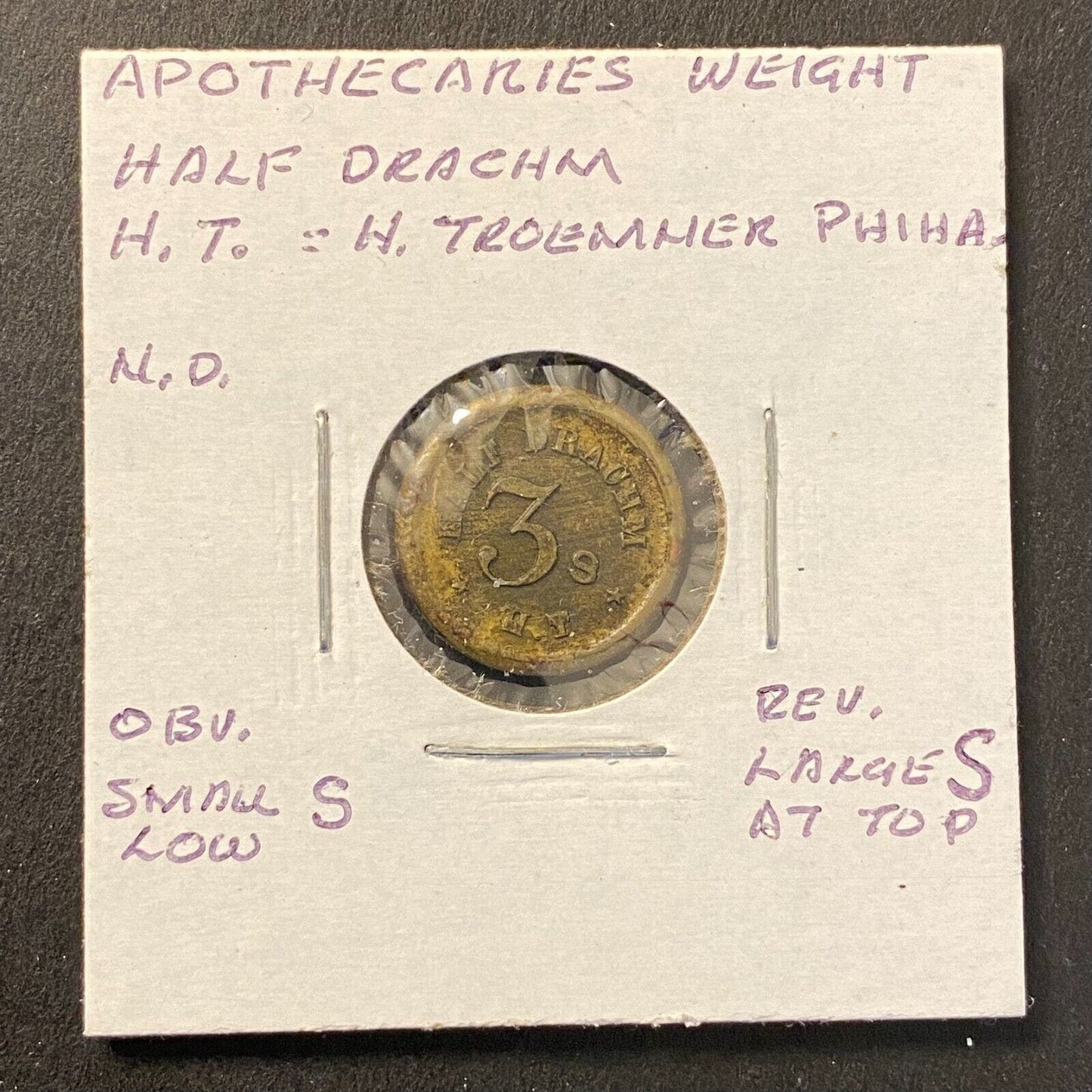 Half Drachm 3S H.T. (H. Troemner Phila.) Apothecary Weight - Brass 15mm 1.9g